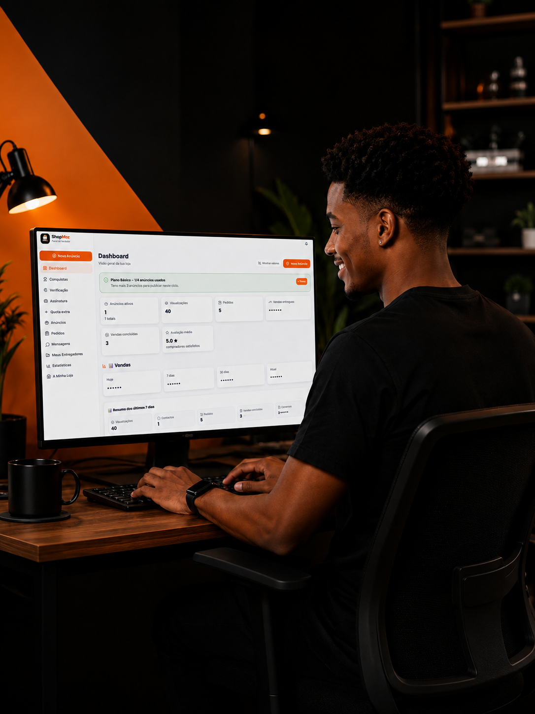 Painel de vendedor do ShopMoz mostrando gestão de vendas no computador