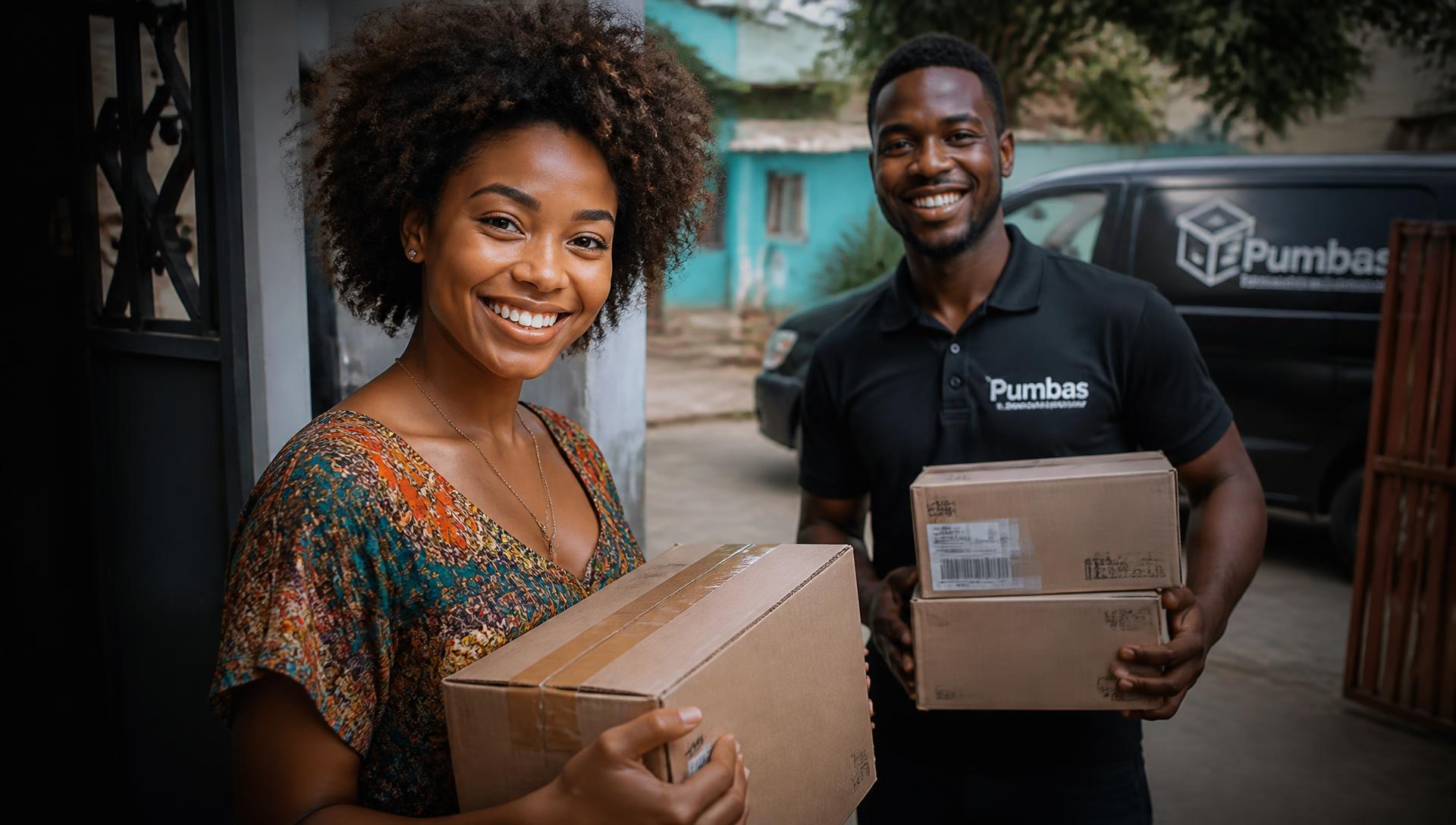 Entregadores sorridentes com encomendas a fazer entregas ao domicílio em Moçambique